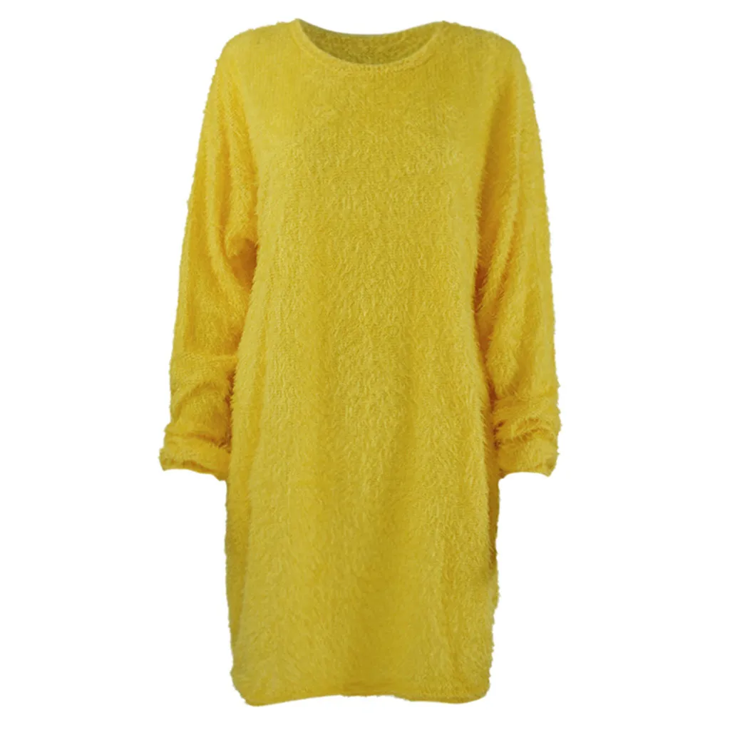 Yellow Женское зимнее вязаное платье-свитер, Осень-зима, мини-платье с круглым вырезом, длинный рукав, теплый свитер, платья с карманами, Vestidos De Festa - Цвет: Yellow