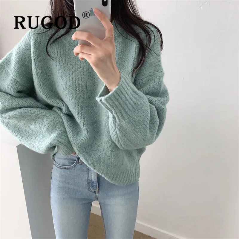 RUGOD, корейский, ins, однотонный, милый свитер, пуловеры для женщин, о-образный вырез, свободный, мягкий, вязаный свитер, модный, женский, Повседневный, простой, топы