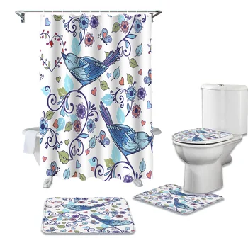 

Blue Bird Flower Print Retro Shower Curtains Set Bath Mat Set Toilet Cover Waterproof Bathroom Shower Curtain and Rug Sets