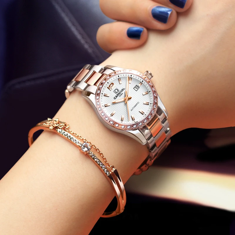 CARNIVAL Luxury Brand Mechanical Watches for Women Fashion Stainless Steel Automatic Wristwatch Waterproof Luminous Montre Femme