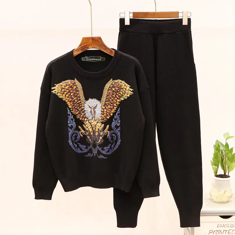 

Europen style women's casual pantsuit Autumn high quality beading sequins sweaters+kint pants two piece set A977
