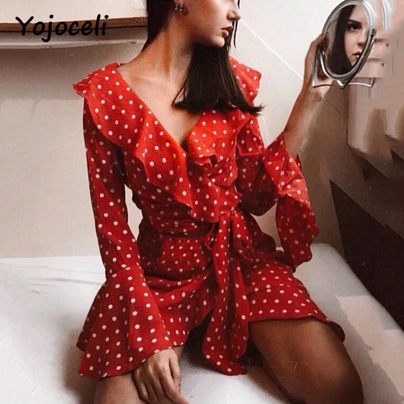 Yojoceli сексуальное платье в горошек с рюшами Женский комплект из двух предметов
