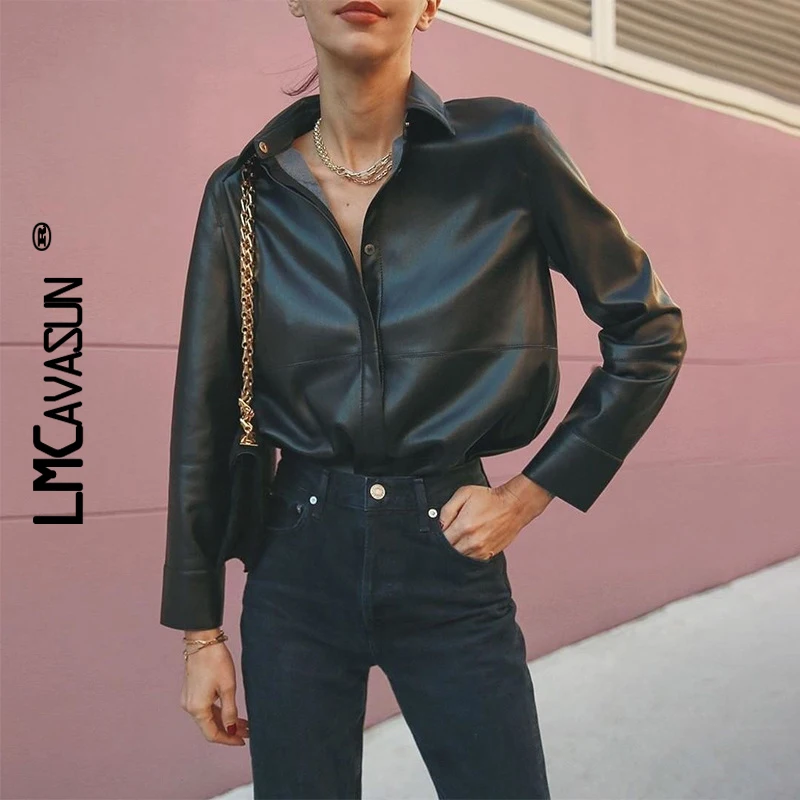 

LMCAVASUN Faux Leather Blouse Women Long Sleeve Elegant Buttons Turn Down Collar Autumn Shirt Office Ladies Shirt Vintage Blouse