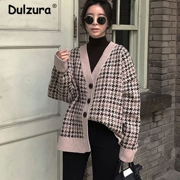 

Retro Houndstooth Knitted Cardigan Women 2019 Autumn Plaid Single Breasted Long Sleeve Coat Casual Loose Cozy Sweater Female