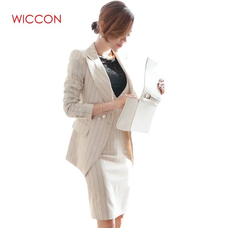 Women Striped Dress Suits Office Lady Double Breasted 2 Piece Sets Elegant Notched Blazer+ Fashion Sheath Dresses Female