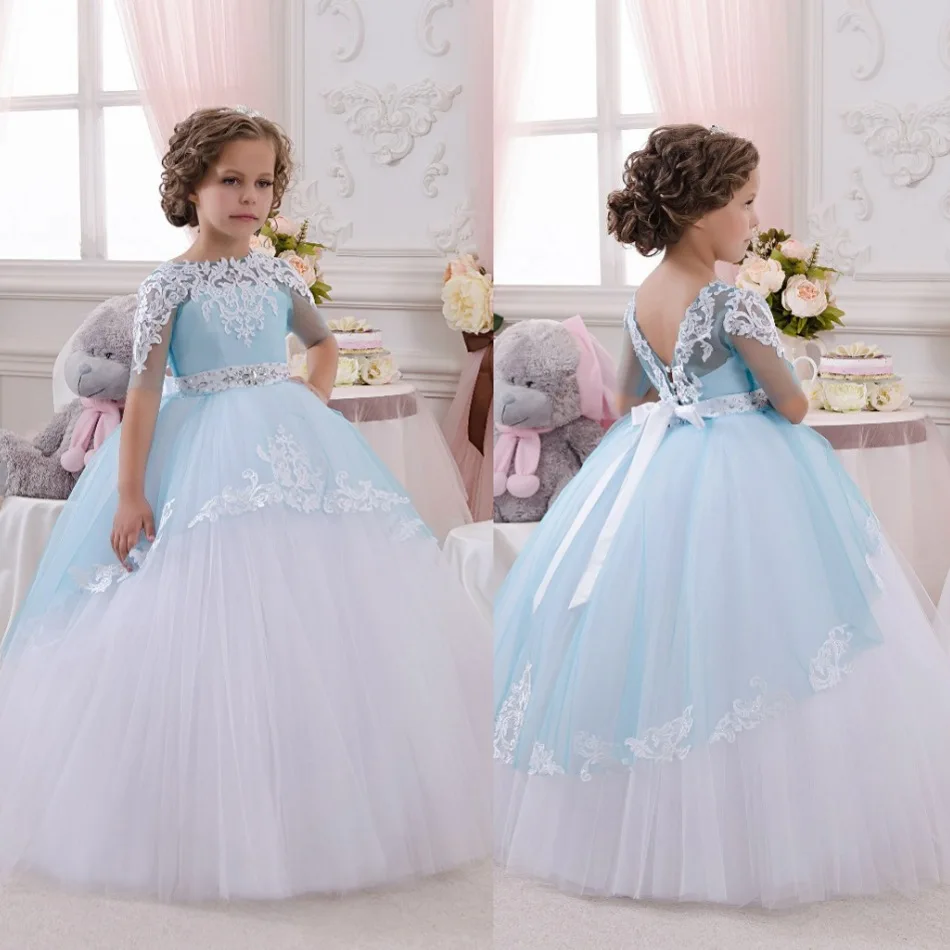 

first communion dresses for girls short sleeve Flower Girl Dresses 2020 christmas pageant gown lace appliques sashes crystal