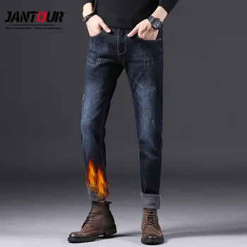 

2019 New Men Warm Jeans High Quality Famous Brand Autumn Winter Thicken Fleece male Jean Blue skinny Long Trouser 28-35-38