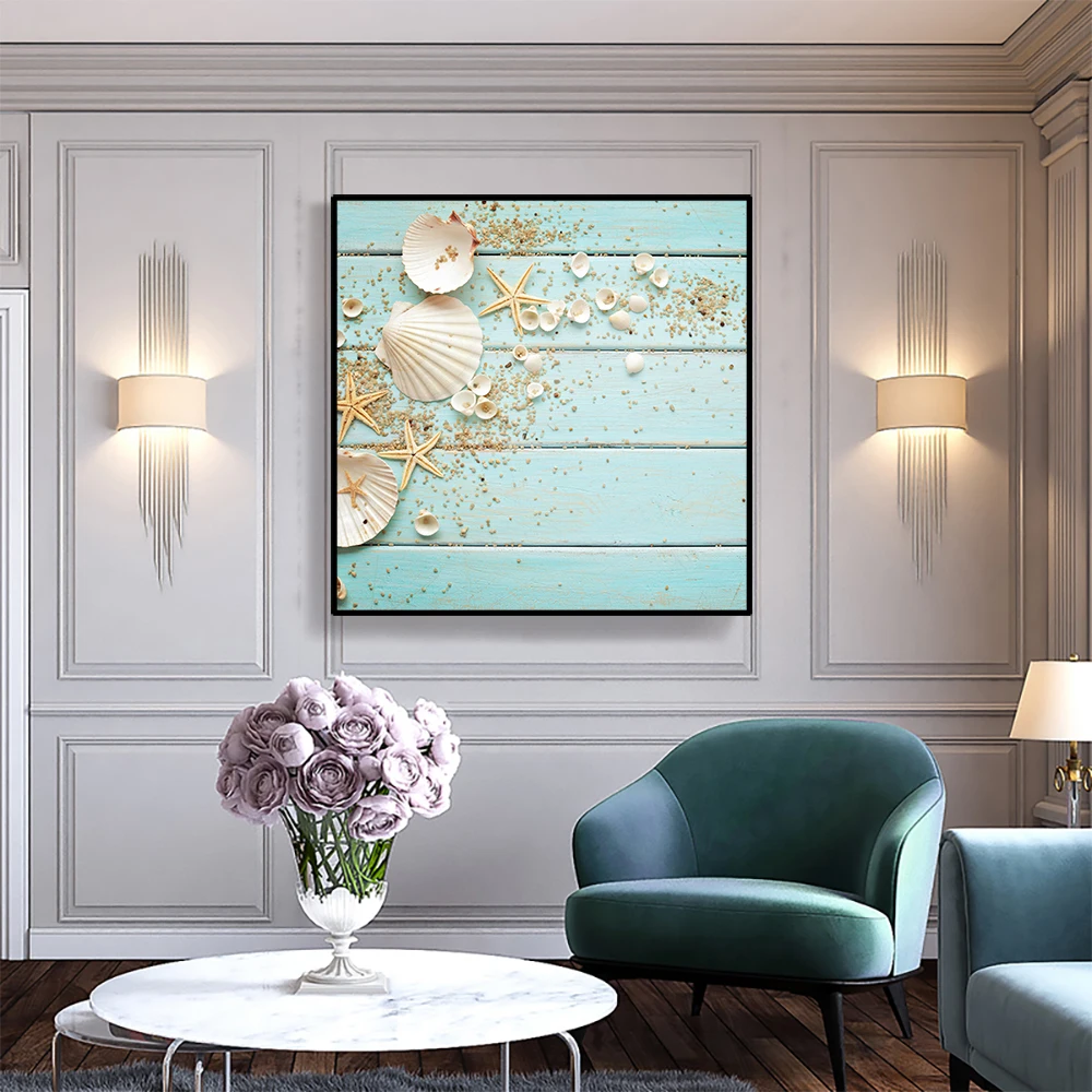 

Canvas Art Painting Starfish & shells sand Wooden board background Wall Decor Modern Home Decoration For Office Living room