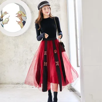 

Runway High Quality Women Knitted Sweater 2 Pieces Set Long Sleeves Knitted Pullover + Fashion Mesh Nail Bead A-line Skirt Set