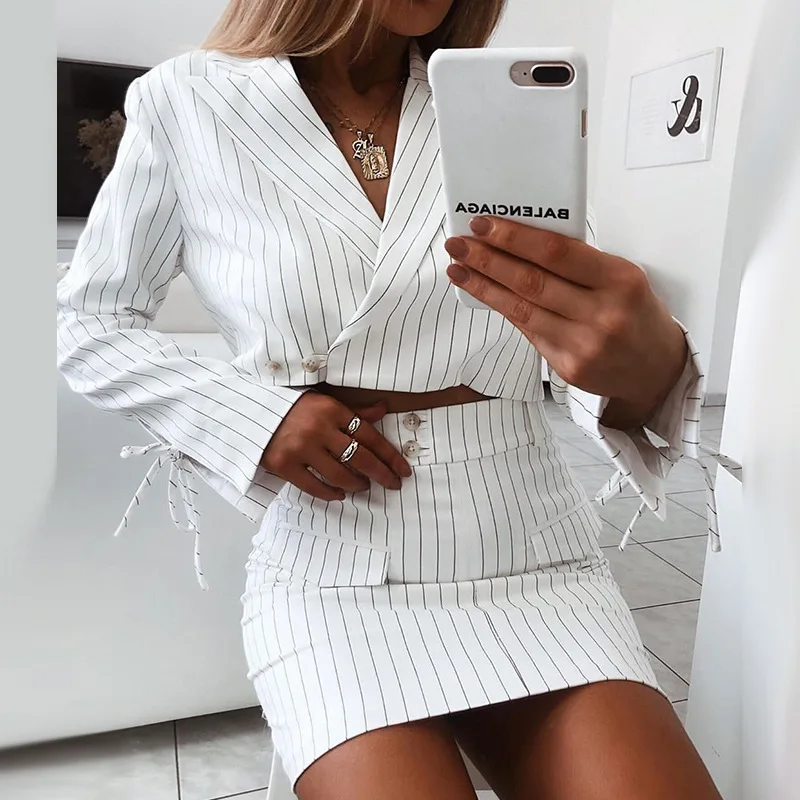 

Women's Striped Design Blazer Suits 2019 New Fashion Temperament Long-sleeved Jacket with Mini Skirts Two-piece Short Set