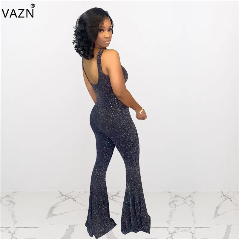 VAZN ME321 New Young Lady Of Note Heavy Industry Diamonds Sexy Sleeveless Solid Jumpsuits Sexy Club Full Flare Rompers
