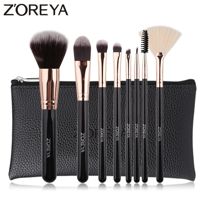 8Pcs Withbag ZOREYA, высокое качество, кисти для макияжа, 8 шт., черные, супер мягкие синтетические волосы, набор кистей для макияжа, пудра, основа, маленький веер, инструмент для красоты - Handle Color: 8Pcs Withbag