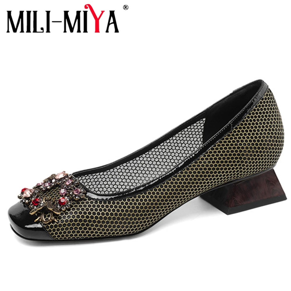 

MILI-MIYA New Fashion Women Pumps Patent Leather&Mesh Round Toe Square Heels Crystal Slip-On Spring/Autumn Shoes Large Size 43