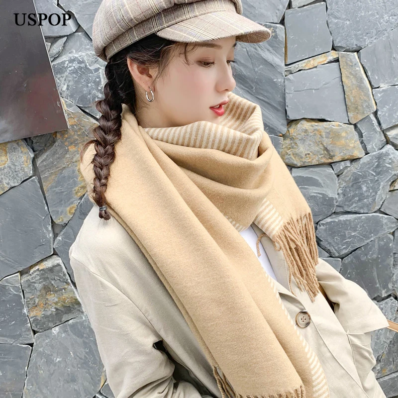 

USPOP 2019 Women winter scarf female super large scarves long thickened warm striped scarf all-matched tassel shawl