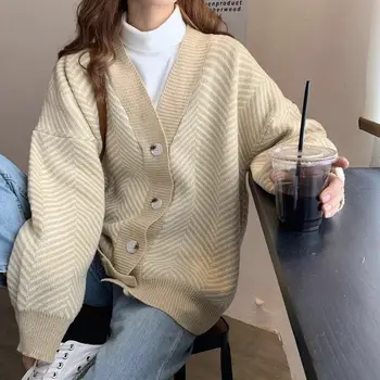 

2020 Women's Knitwear Autumn Winter Striped Casual V-Neck Cardigans Button Cardigan Loose Korean Sweaters SWC3033