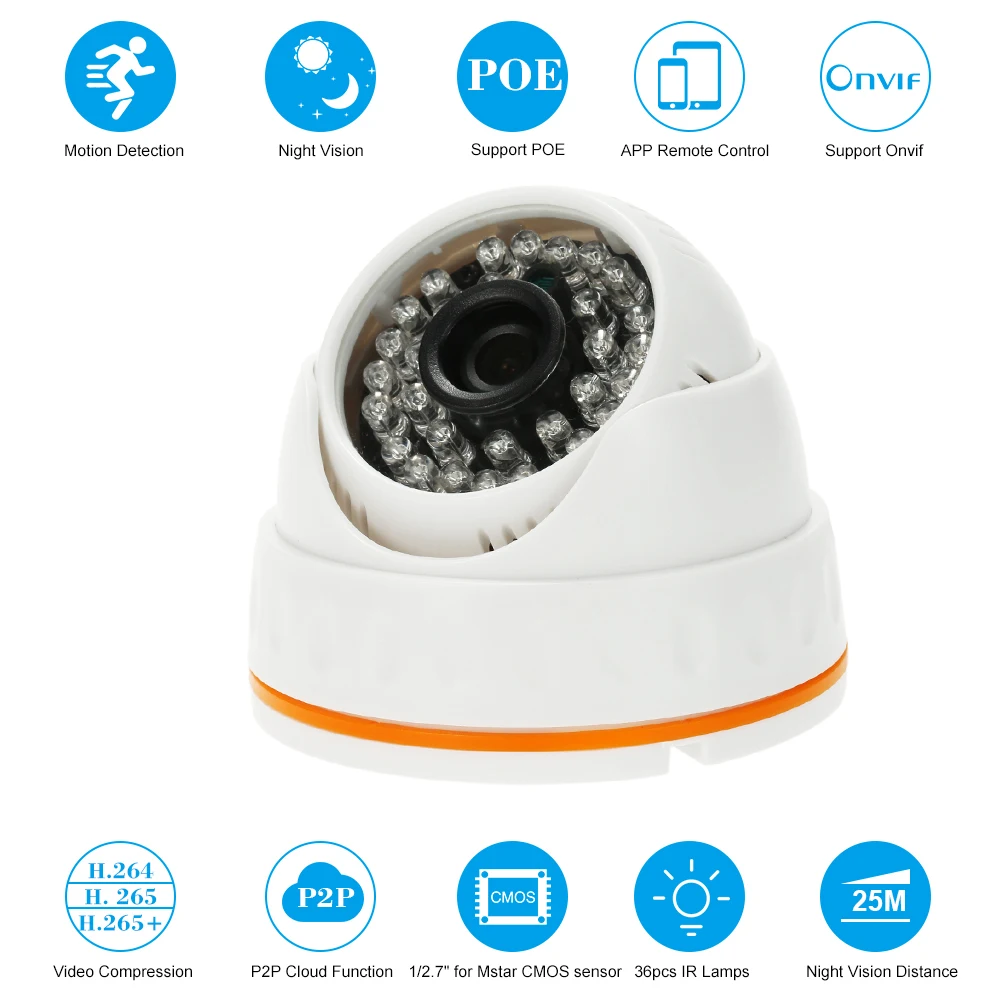 

1080P POE IP Dome Camera 2.0MP 3.6mm 36PCS IR Lamps H.265/H.264/H.265+ Optional P2P Onvif Night View IR-CUT Motion Detection