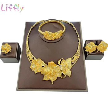 

Liffly Indian Party Fashion Jewelry Sets Women Gold Necklace Bracelet Flower Earrings Ring Wedding Elegant Bridal Jewelry