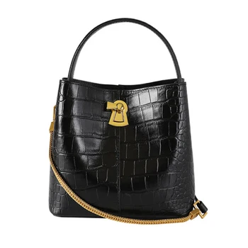 

Crocodile pattern bucket bag female autumn and winter Genuine leather handbags retro shoulder Messenger bag women tote handbag