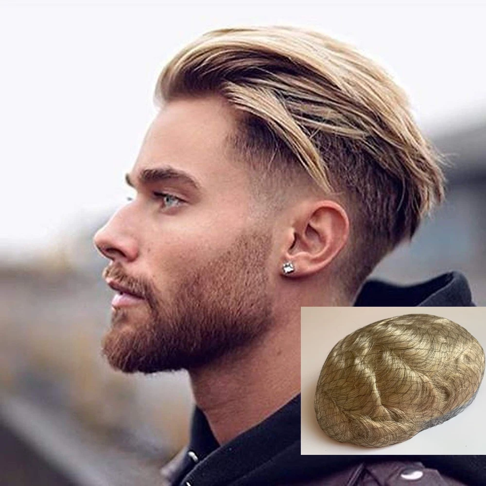 

Super Soft Thin Skin All Pu Replacement Blonde Color Mens Hair Pieces Preplucked For Man Fashion Toupee Human Remy Hair Wig