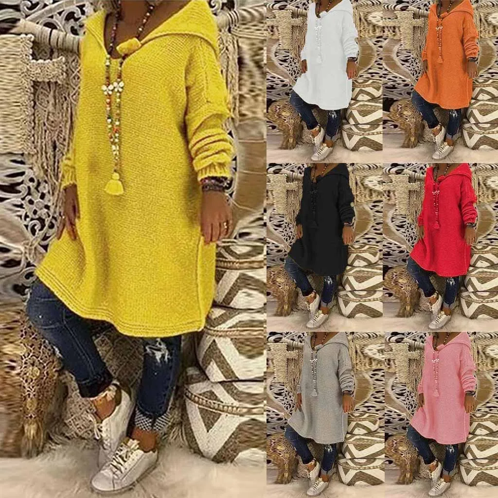 Блузка Топ Модный женский свитер с круглым вырезом с капюшоном вязаный свитер с длинным рукавом Топы для женщин модная одежда