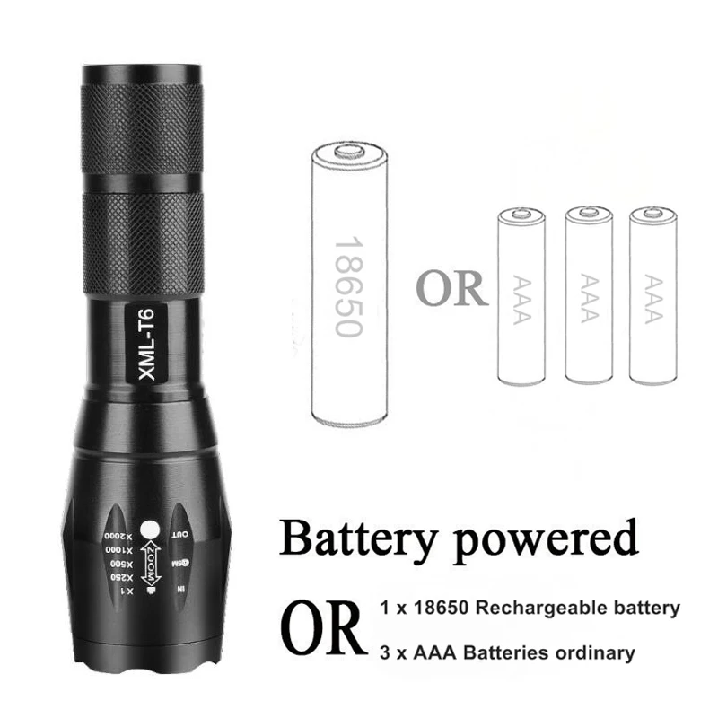 Most Powerful LED Flashlight High Power 5 Mode XM-L T6 L2 V6 Zoomable Rechargeable Focus Waterproof Torch 1*18650 or 3*AAA