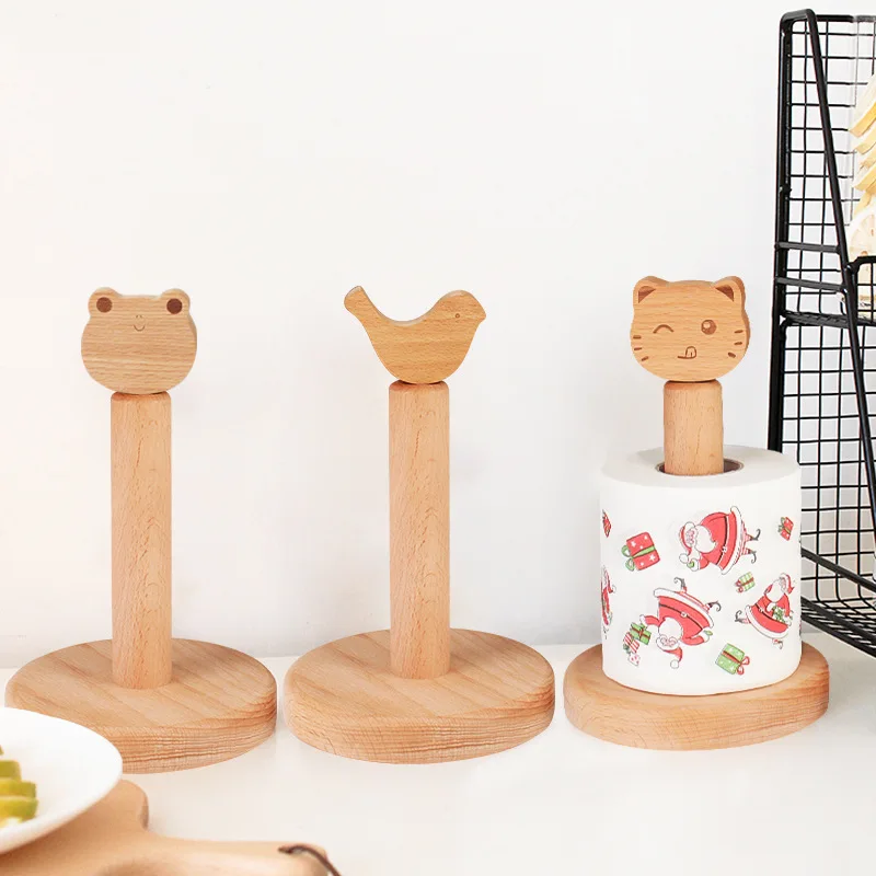 

Beech Wood Vertical Tissue Holder Kitchen Wooden Cartoon Animal Head Solid Wood Paper Towel Storage Rack Household Tools Small
