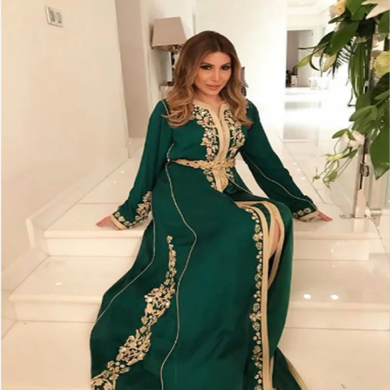 

Stylish Morocco Green Evening Dress Elegant Long Sleeve Muslim Dubai Evening Gowns With Gold Lace Long Prom Party Dress 2020