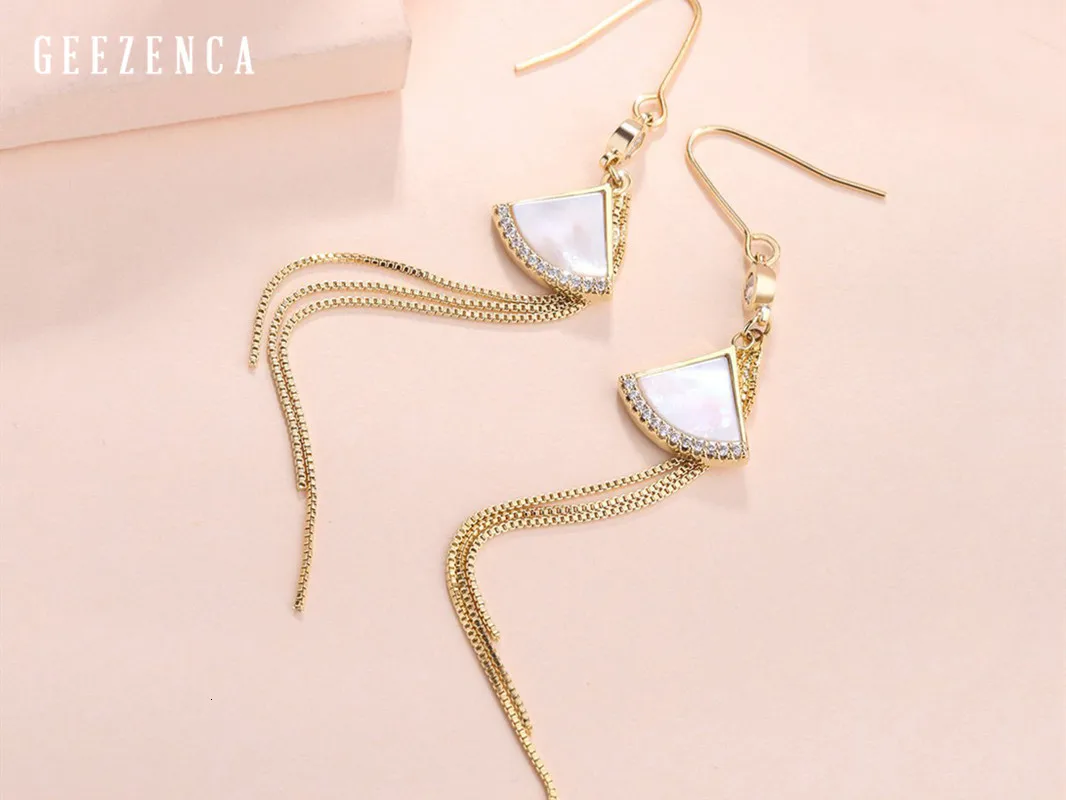 925 Sterling Silver Fan-shaped Shell Zircon Golden Tassels Drop Earrings Korean Trendy Classic Dangle Earring Women Party Gift