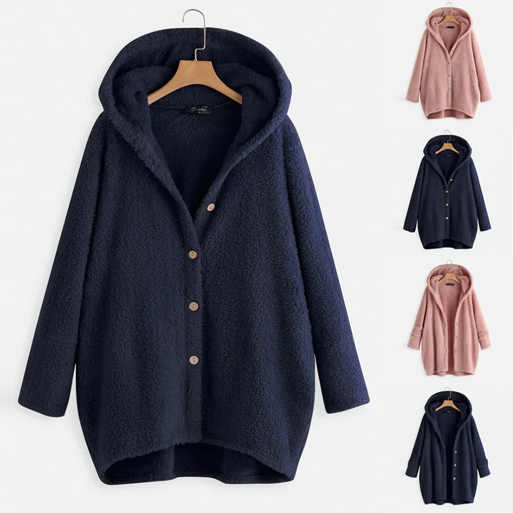 Tanie Płaszcz 2019Top nowy moda damska bluza z kapturem z długim rękawem kieszeń bluza przycisk sweter stałe ciepły polar góry dla kobiet odzież