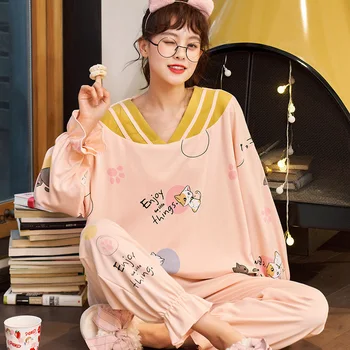 

2020 Women Pajamas Sets Spring Autumn Long Sleeve Thin Print Cute Sleepwear Big Girl 2pcs Pijamas Mujer Leisure Student Pajama