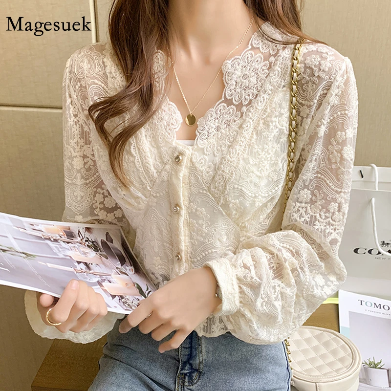 Blusa bordada con flores para Camisa de gasa de manga larga con encaje, cuello en V, Estilo Vintage, 13515|Camisa| - AliExpress