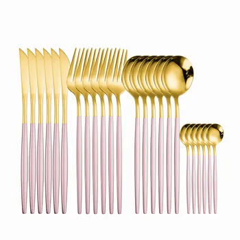 

24Pcs/set Pink Gold Cutlery Set Dinnerware Set Stainless Steel Knife Fork Tea Spoon Flatware Tableware Silverware Drop Shipping