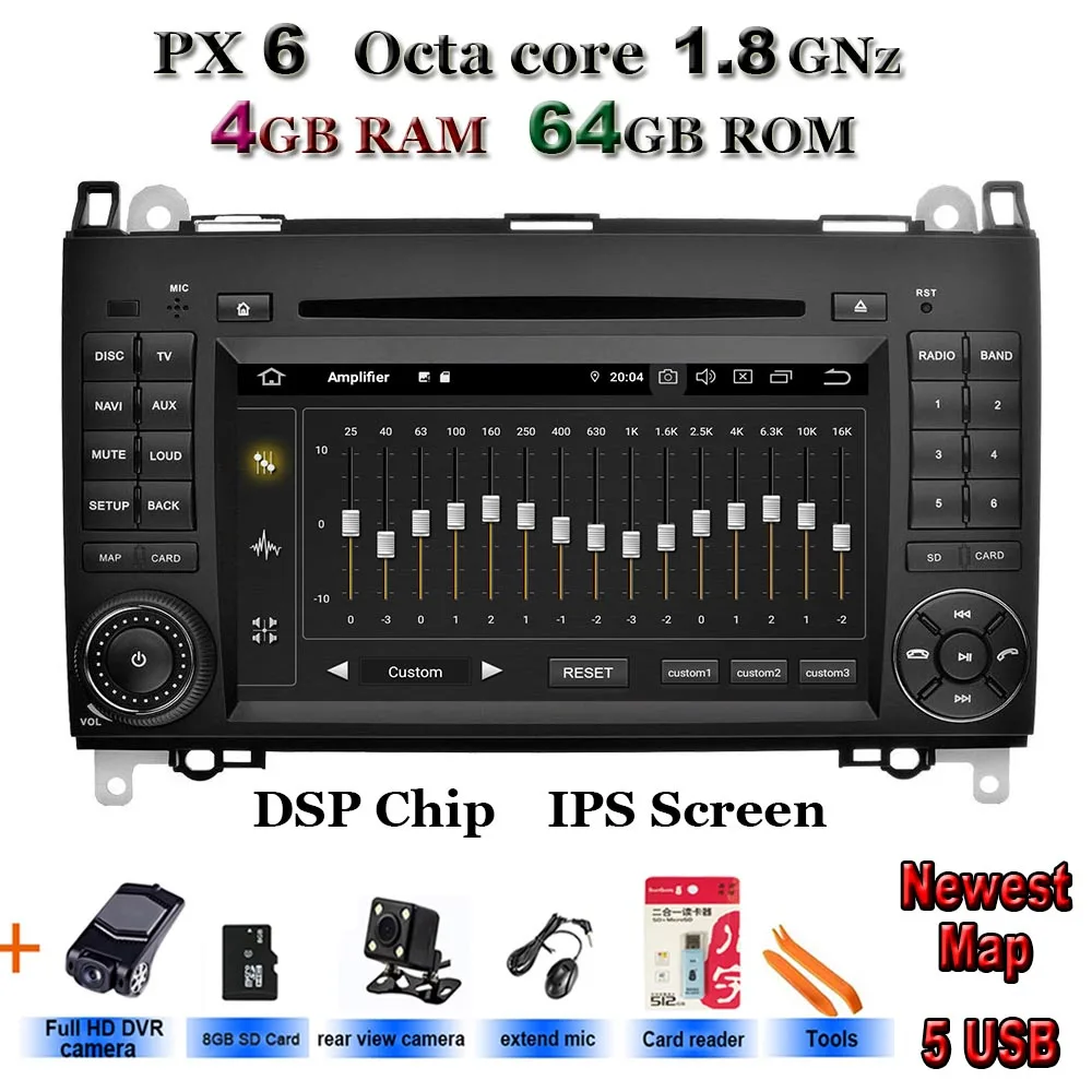 Android 9,0 Benz B200 A B Class W169 W245 Viano Vito W639 Sprinter W906 автомобильный dvd-плеер Радио Стерео gps 5USB DSP ips - Цвет: PX6 Rear-DVR cams