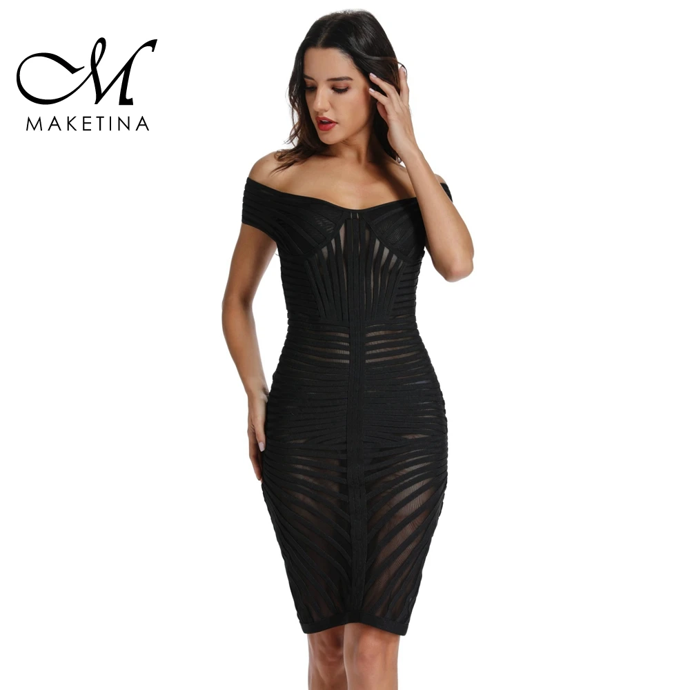 Maketina новое летнее Бандажное платье Vestidos черное Сетчатое Бандажное платье сексуальное Бандажное платье с открытыми плечами женские облегающие вечерние платья