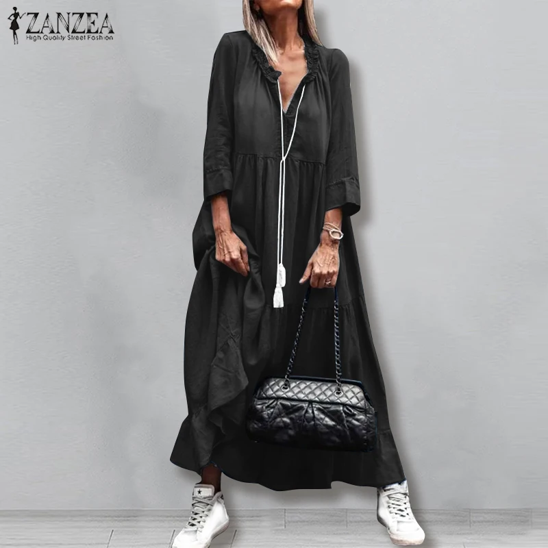 ZANZEA 2020 Casual Long Sleeve Maxi Vestidos Stylish Demin Blue Ruffle Dress Womens Autumn Sundress Female Solid Robe Oversized