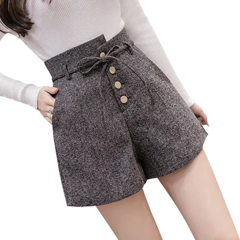 

Irregular Woolen Shorts Women High Waist Loose Korean Lace Up Shorts Autumn Winter Wide Leg Outerwear womens bottom Booty Shorts