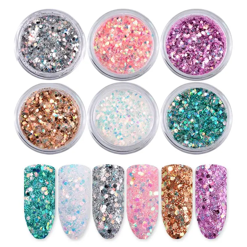 BearPaw 6 Boxes/Set Laser Mixed Nail Glitter Powder Sequins Shinning Colorful Flakes DIY | Красота и здоровье