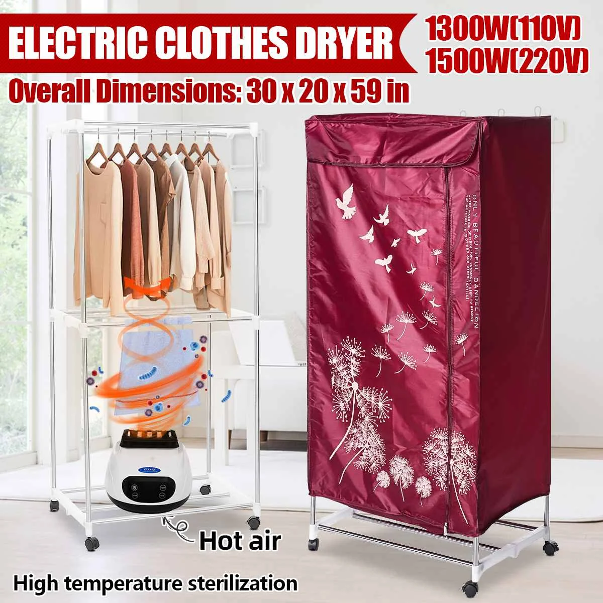 110V /220V Electric Clothes Dryer Heater Machine Home Wardrobe Remote