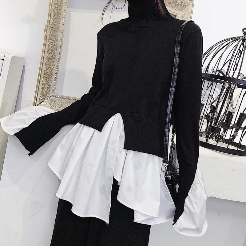 

Fake 2 Piece Women Sweater Shirts 2019 Spring Turtleneck Flare Sleeve Knitted Pullovers Patchwork White Blouse ChicIrregular Top