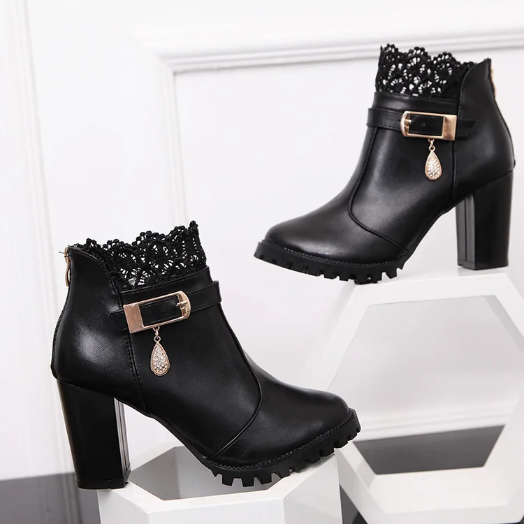 

Bootie Women's 2018 Autumn & Winter New Style Lace Side Zipper Europe And America High Heel Boots Versatile Casual Women's Marti