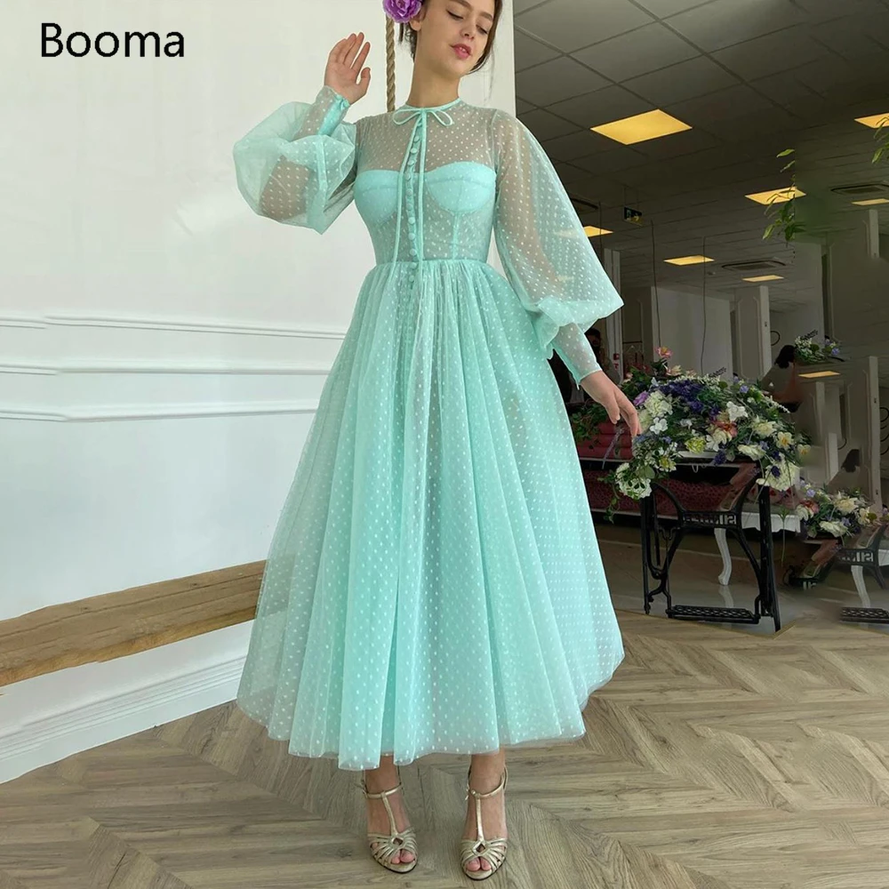 

Booma Aqua Dotted Tulle Prom Dresses O-Neck Long Puff Sleeves Illusion A-Line Party Dresses Buttoned Top Tea-Length Prom Gowns