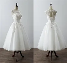 

Tea Length Short Wedding Dress Sheer Neck lace Applique Cap Sleeves Corset Back Country Wedding Gowns