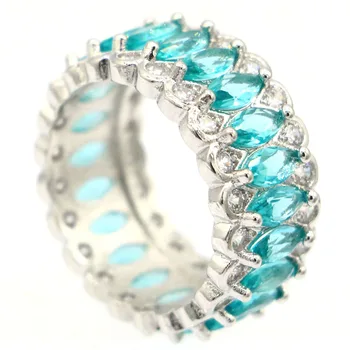 

24x10mm Anniversary Created Rich Blue Aquamarine White CZ Gift For Sister Silver Rings Wholesale Drop Shipping