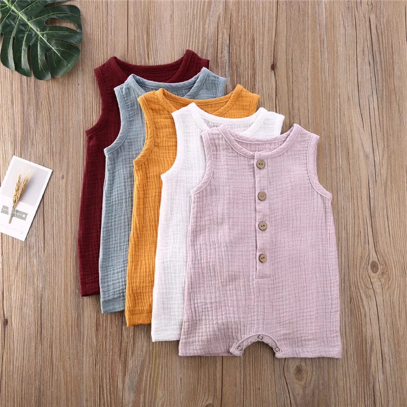 

Toddler Boys Girls Summer Rompers Solid Sleeveless Cotton Linen Button Romper Jumpsuits Unisex Infant Baby One-Pieces Clothes