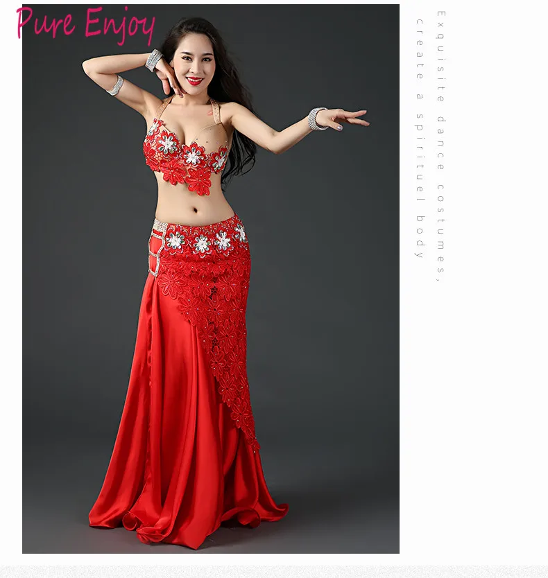 Belly Dance Костюм Подходит Для B-c Кубок Бюстгальтеры Черный Красный Оранжевый Спандекс Натуральный Шелковый Атлас Женщины Восточный Танец Конкурс Роскошный Набор