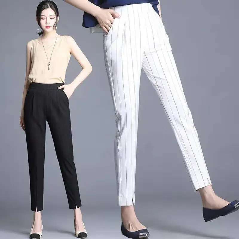 

New 2019 Office Striped Skinny Pants Women Elastic Waist Trousers Black White Elegant Work wear Pants