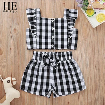 

HE Hello Enjoy Baby Girls Clothes Sets 2020 Summer Kids Clothes Ruffle Plaid Button Tops Bow Shorts Outfits Casual Clothing