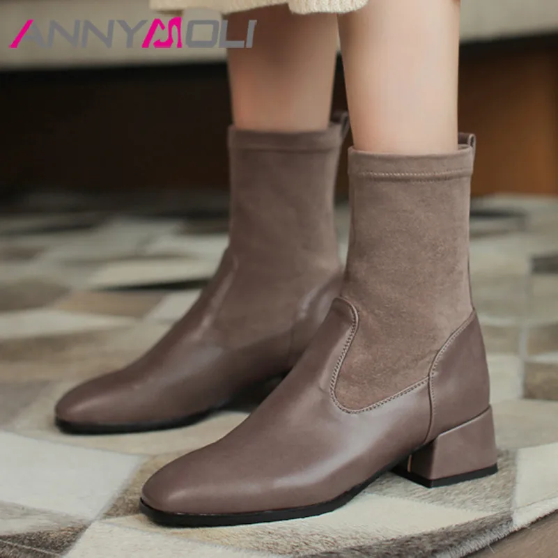 

ANNYMOLI High Heel Ankle Boots Woman Boots Block Heel Shoes Square Toe Female Short Boots Autumn Winter Black Large Size 33-43