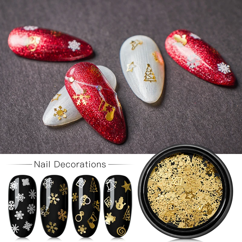 1 Bottle 3D Gold Hollow Christmas Pillette Nail Art Decorations Snowflake Star Mixed Design Glitter Nail Charms Manicure