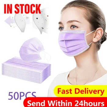

50pcs Disposable Purple Face Mask Non Woven Anti Dust Smog Civil Breathable Gauze Mask With Elastic Earband Pink Face Mouth Mask